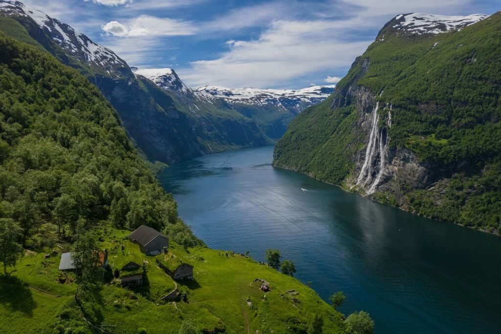 View over Geirangerfjord and The Seven Sisters waterfall in Norway
