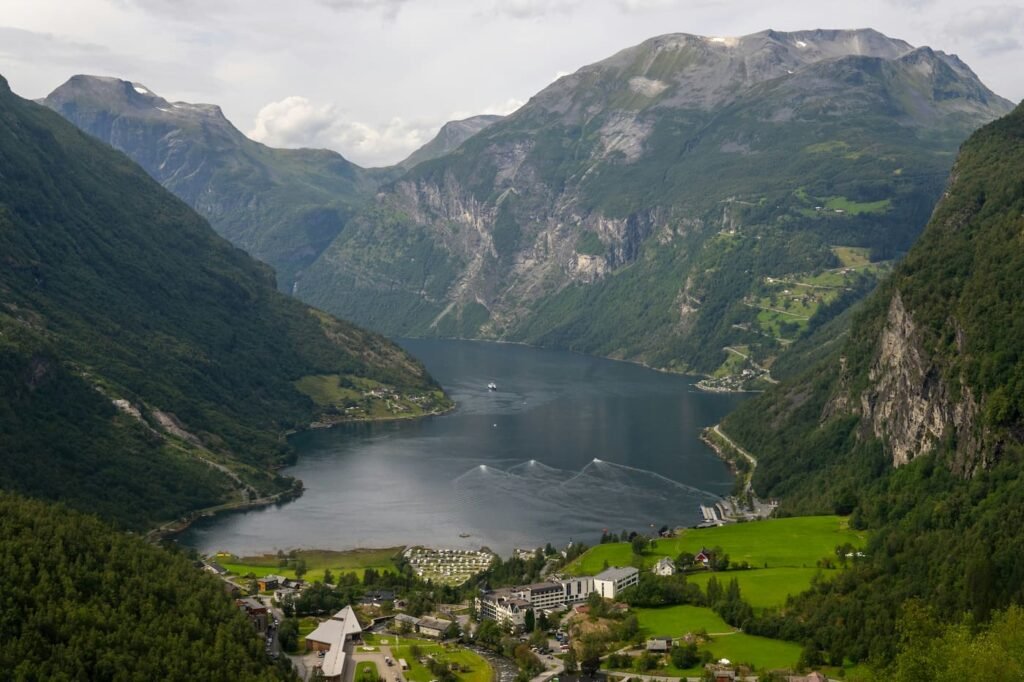 Panoramic view of Geiranger village and Geirangerfjord in Western Norway
